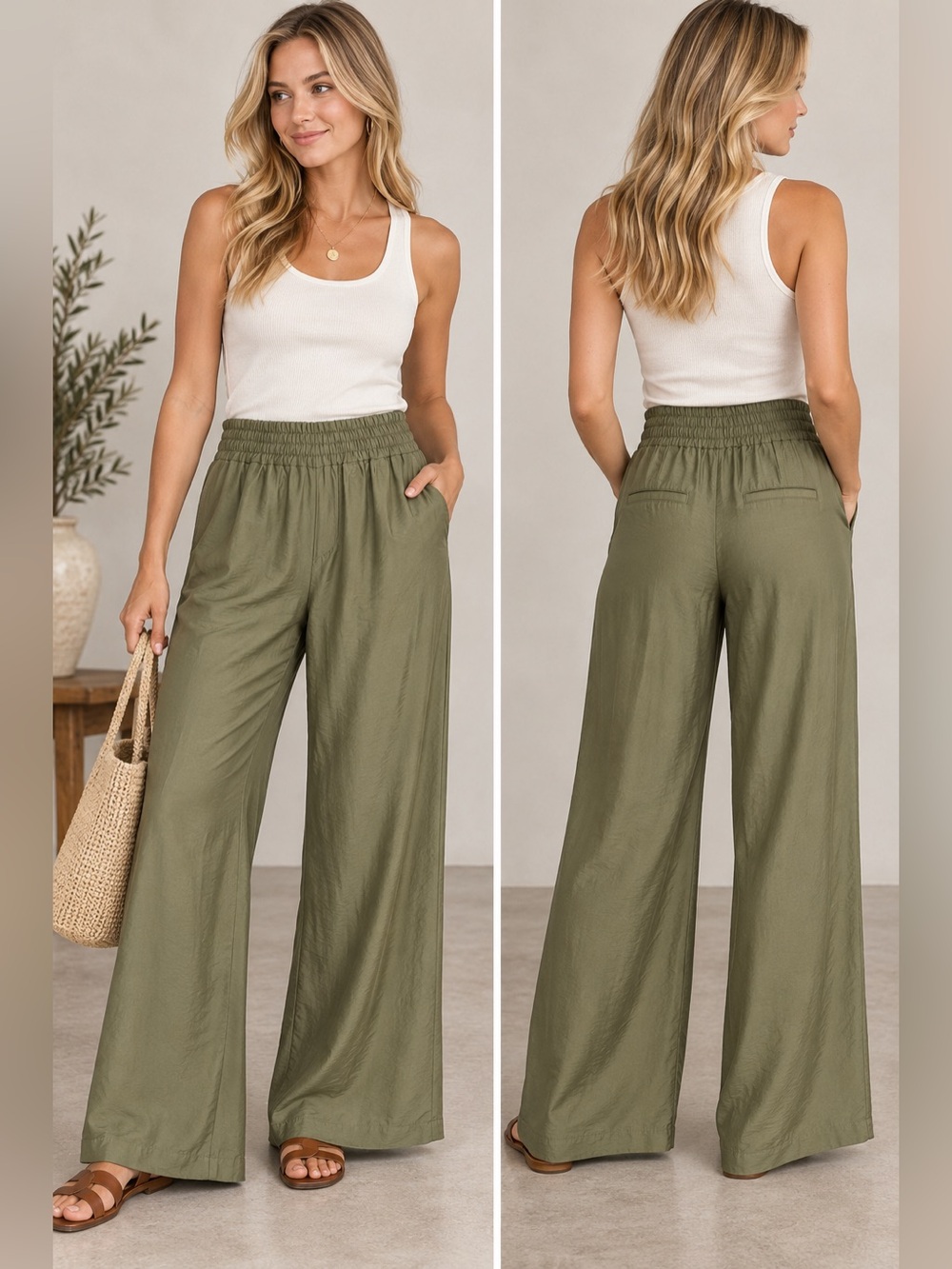 For The Republic Olive Modal Wide Leg Pants High Rise NWT Large